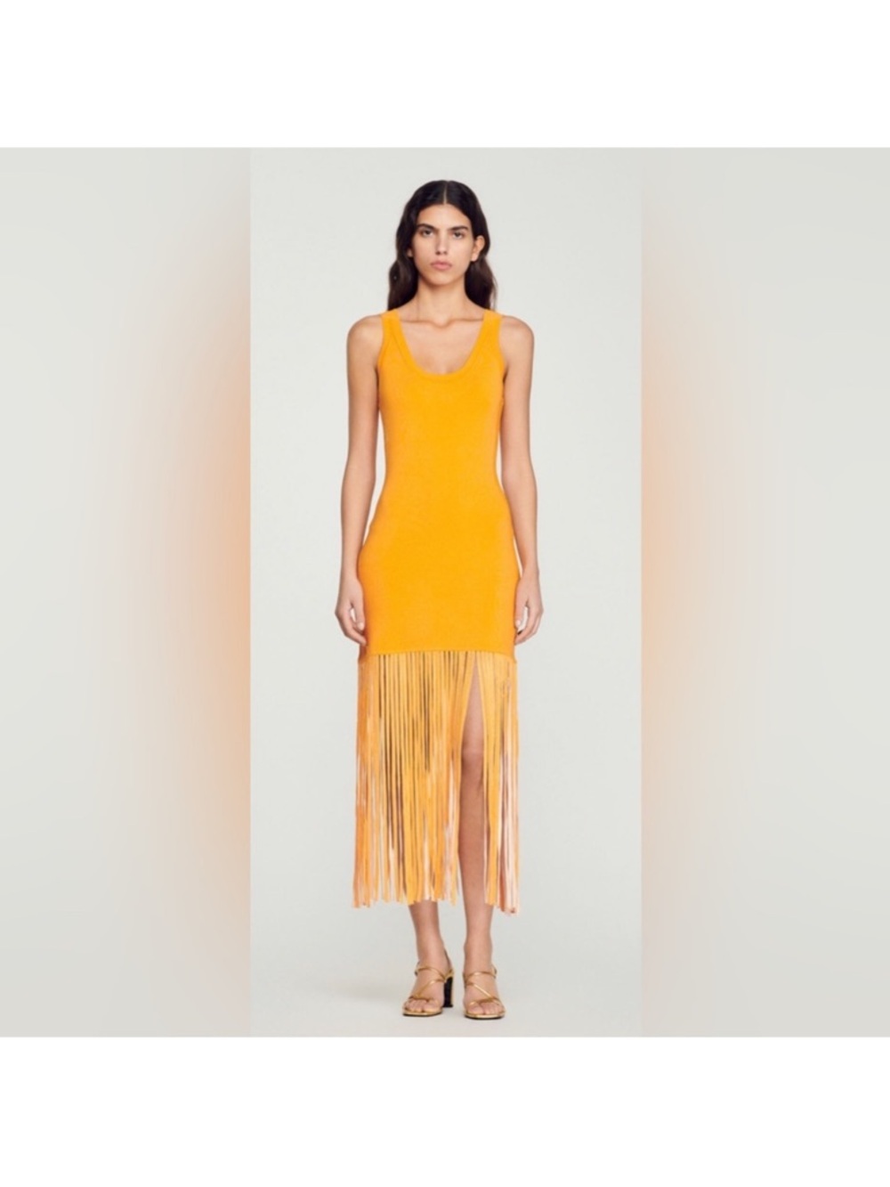 NEW SANDRO Sleeveless fringe Knit Sleeveless midi Orange dress sz 36 / 4